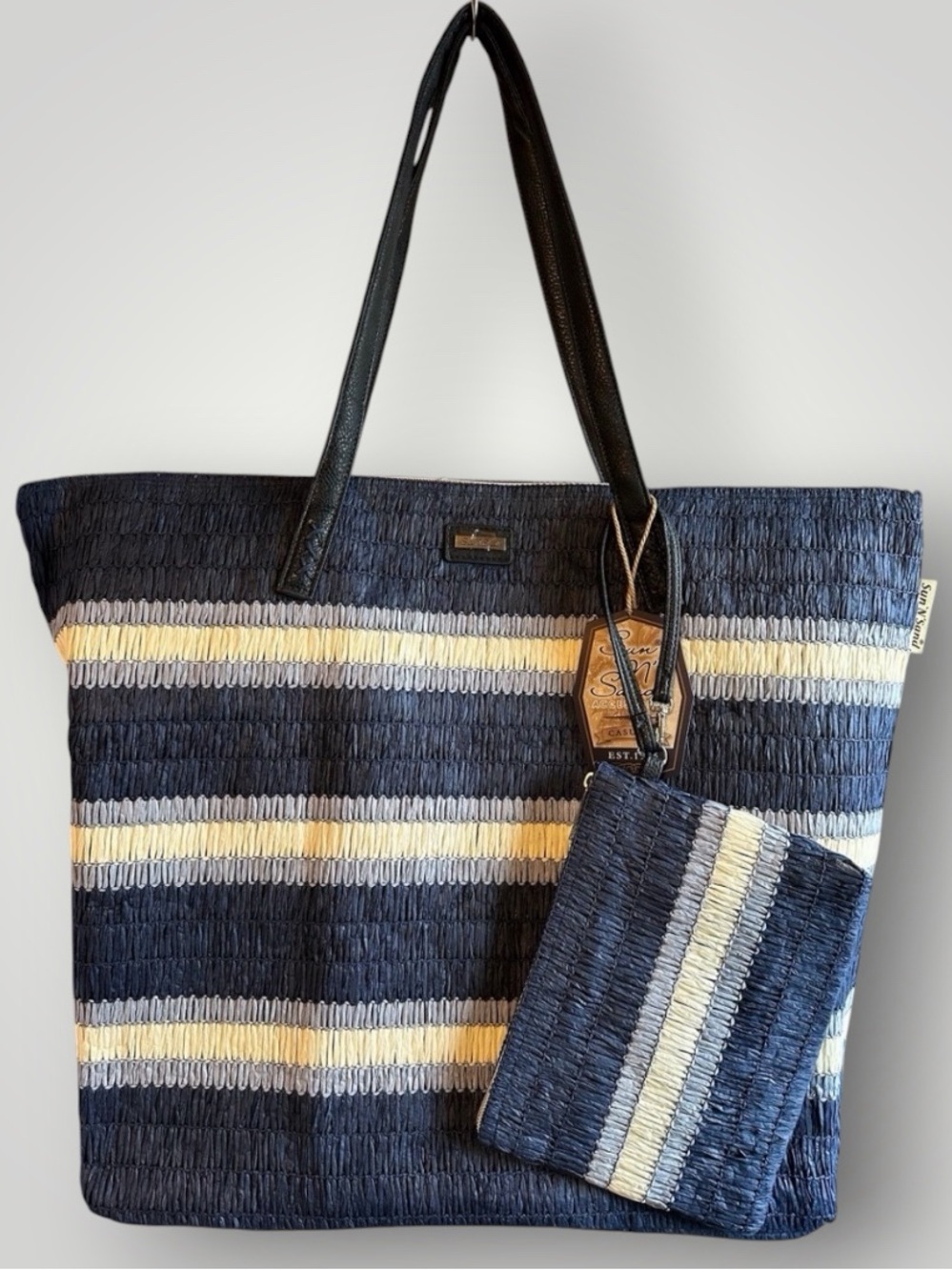 NWT NAVY STRIPED BEACH BAG WITH ATTACHED POUCH $54.50